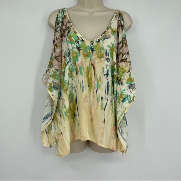 Lovestitch Floral Cold Shoulder Keyhole V-Neckline Multicolor Scarf Blouse - Picture 1 of 11